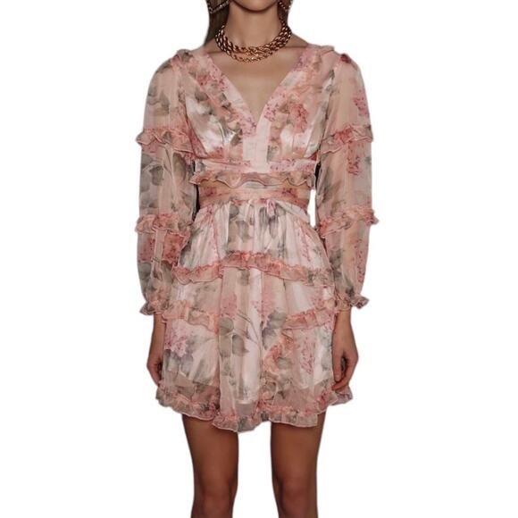 Guilty of Glam Floral Cutout Lace Up Mini Dress Blush Pink Ruffles Date Night S - Picture 2 of 12